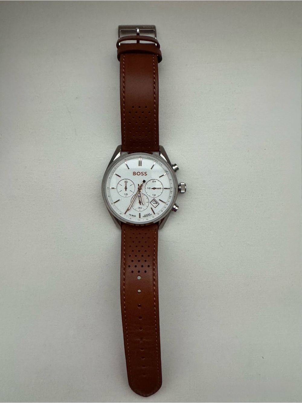 BOSS - Men’s Chronograph Watch - White Dial Brown Leather Strap - 10 BAR